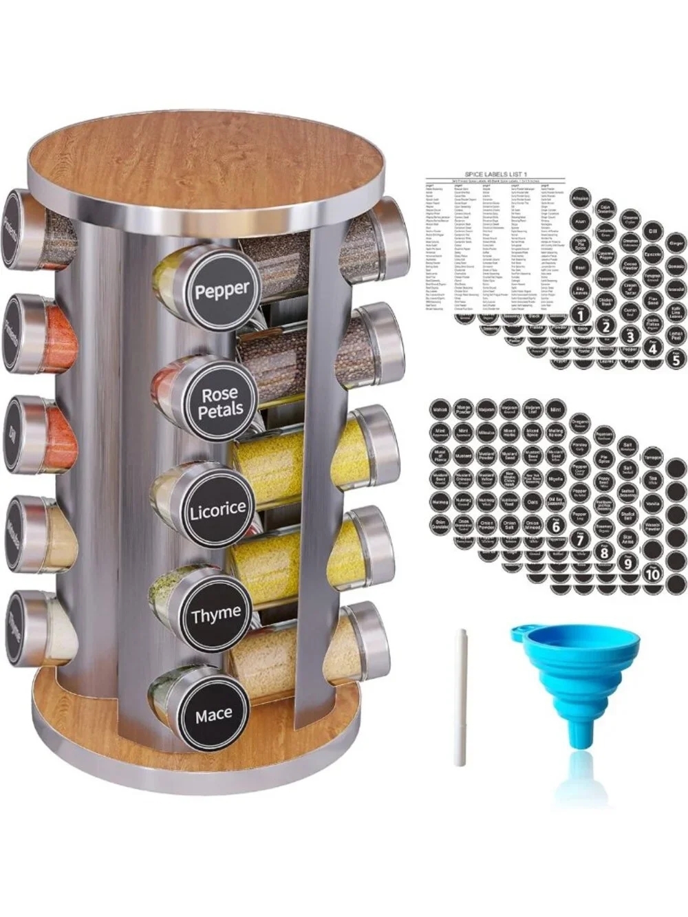 20-Jar Spice Rack Set - Rotating Kitchen Organizer with Labels - Countertop